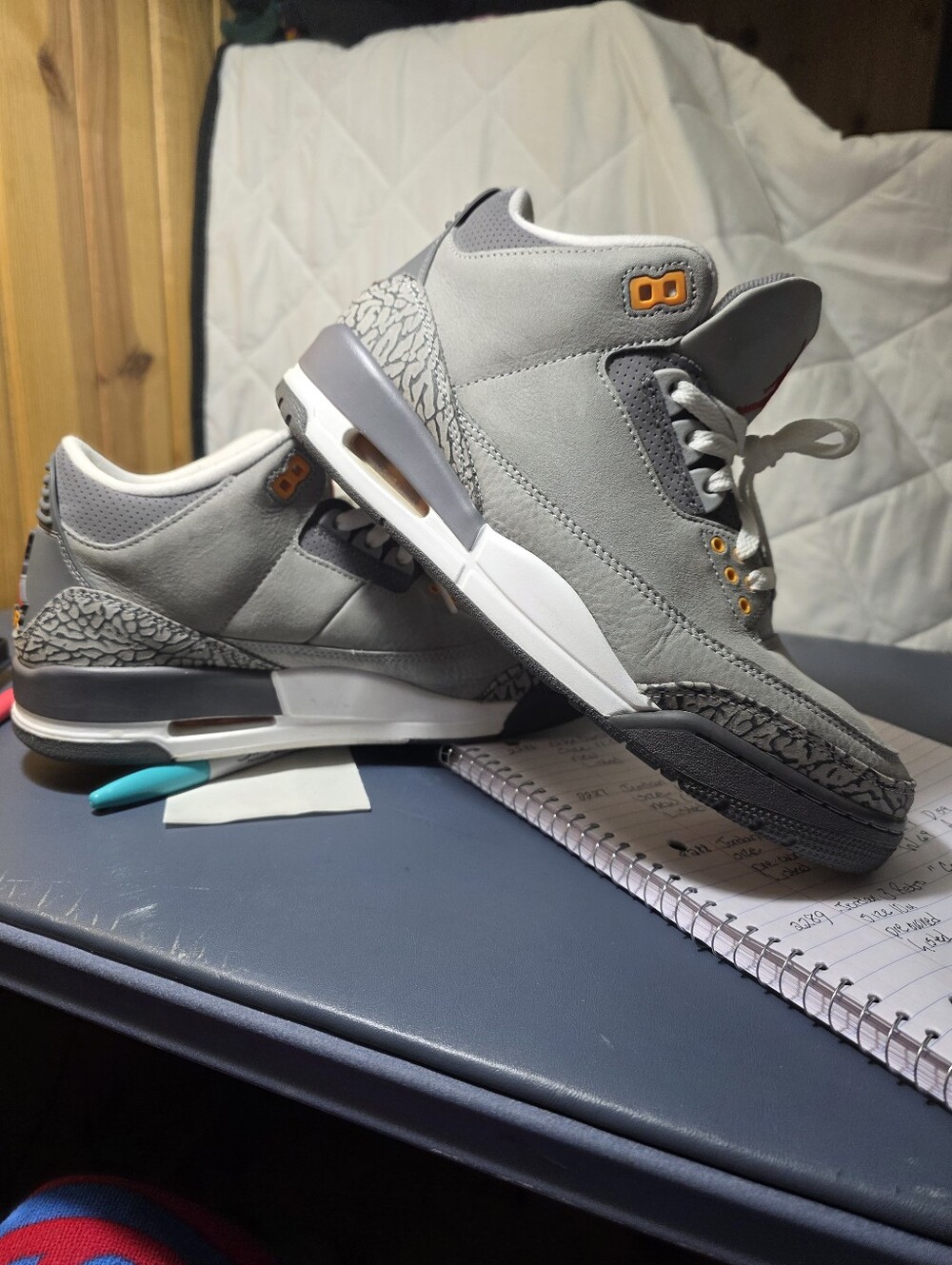 Air Jordan 3 "Cool Grey", Size 10m Suede Sneakers with Red Jumpman - Picture 3 of 7